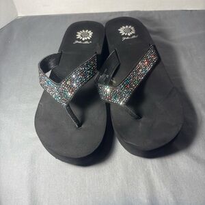 Yellow BoxBlack Sandals with Multicolor Accents